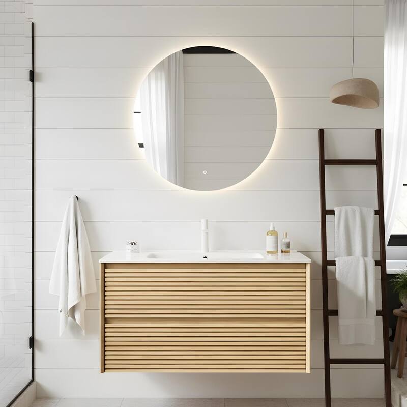 Modern Wall Mounted Bathroom Vanity with Sink - 36 - Golden Oak