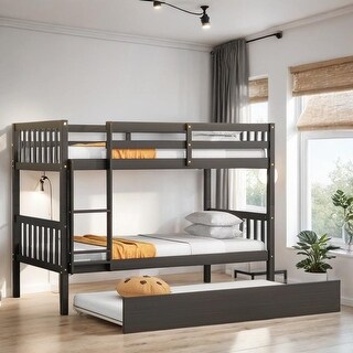 Twin Over Twin Bunk Beds with Trundle, Convertible into 2 Beds, Black