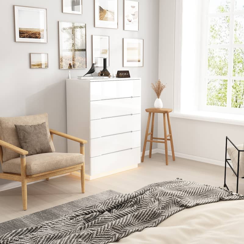 31.5" High Gloss Chest With Light Chest w/5 Drawers&Spacious Tabletop