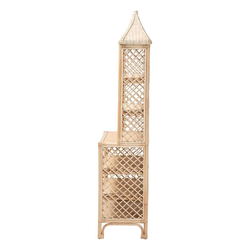 Adonis Natural Rattan Display Shelf - Freestanding 6-Tier bookcase with Pagoda Top, Coastal Boho Storage Organizer