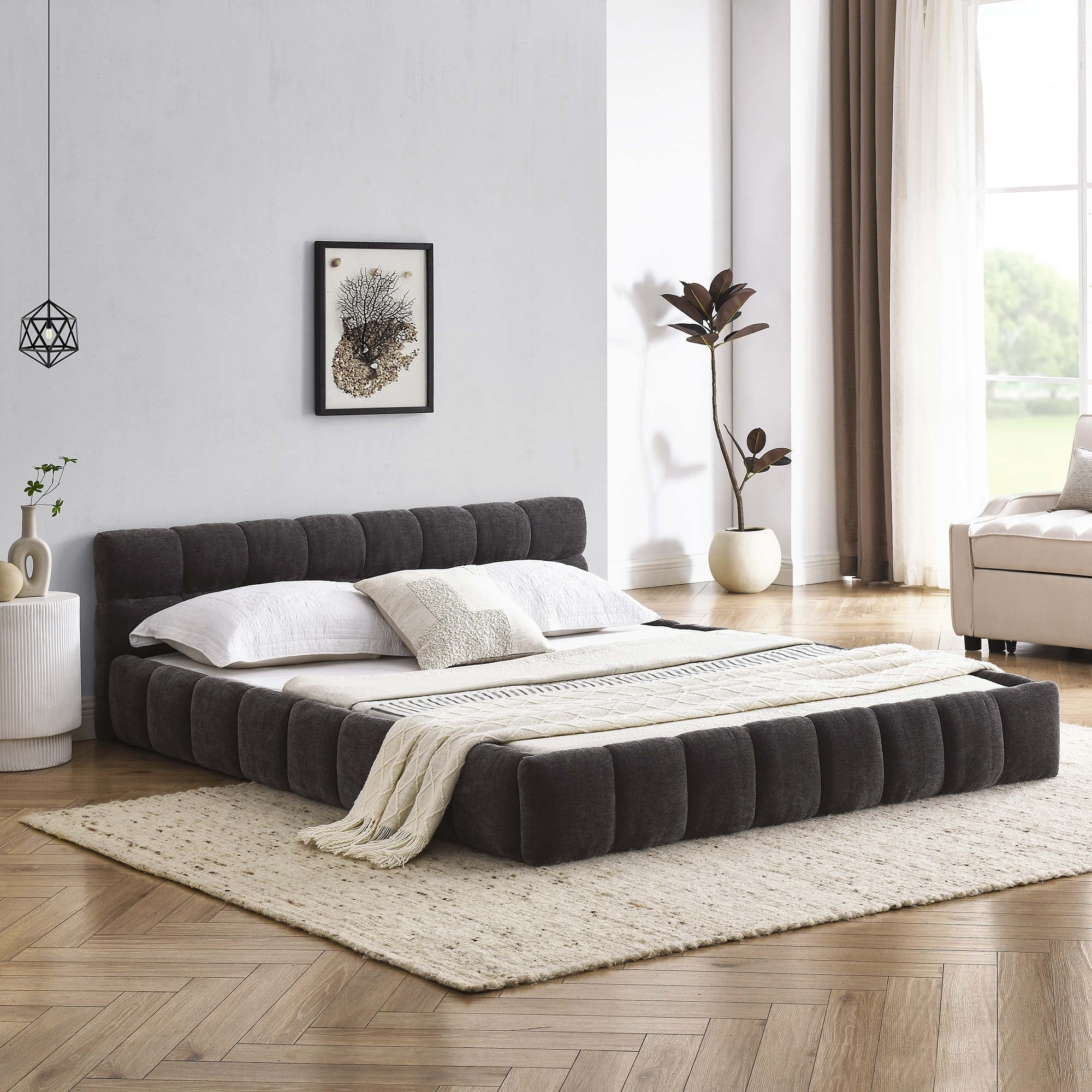 Queen Size Bed Frame, Chenille Upholstered Platform Bed, Dark Grey