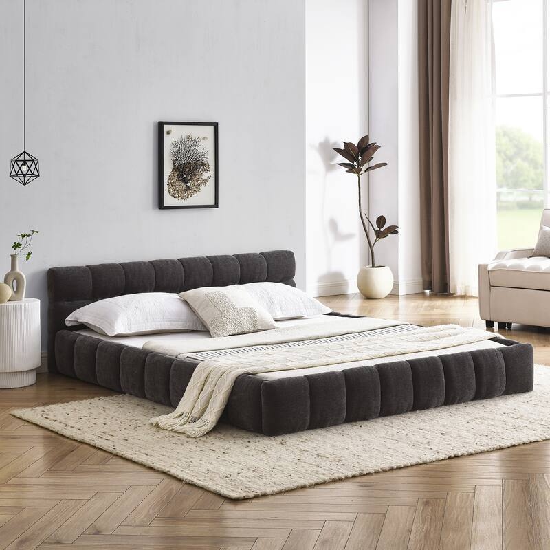 Roomfitters Queen Upholstered Low Platform Bed, Chenille Fabric Frame with Headboard, No Box Spring Needed