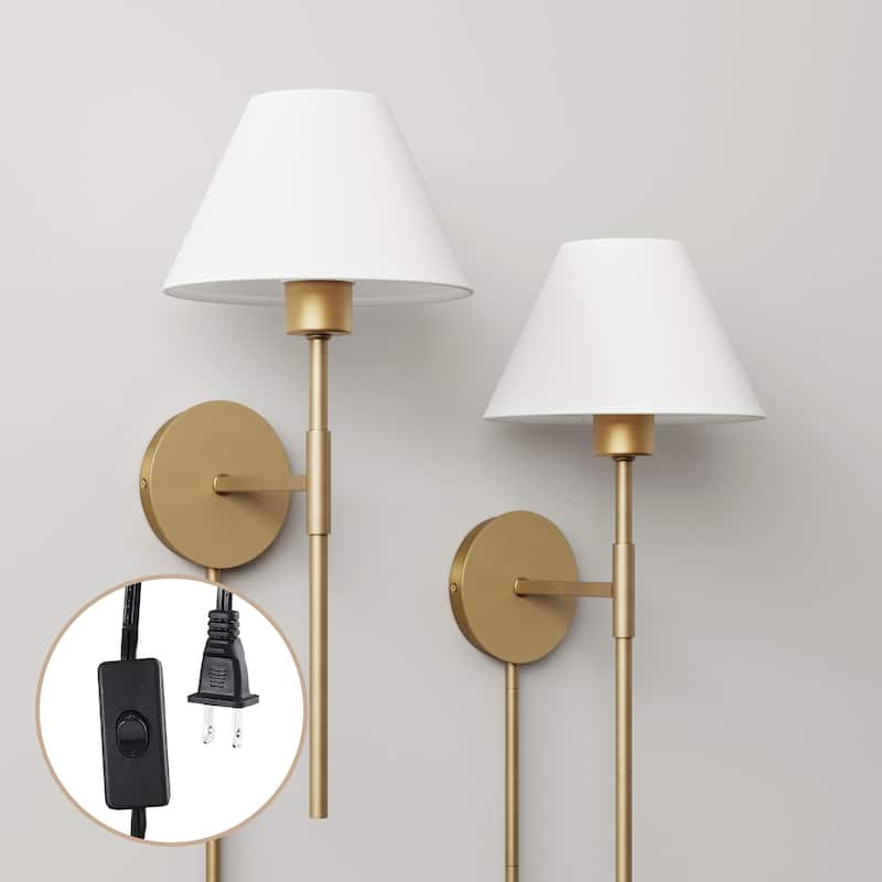 Nathan James Millie Plug-in Wall Sconce, Wall Mounted Bedside Reading Lamp with Cotton Shade - Vintaged Brass/White Set of 2