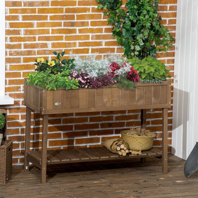 43x18x30in Raised Garden Bed with 8 Pockets and Shelf, Wooden Elevated Box with Legs to Grow Herbs, Vegetables, and Flowers