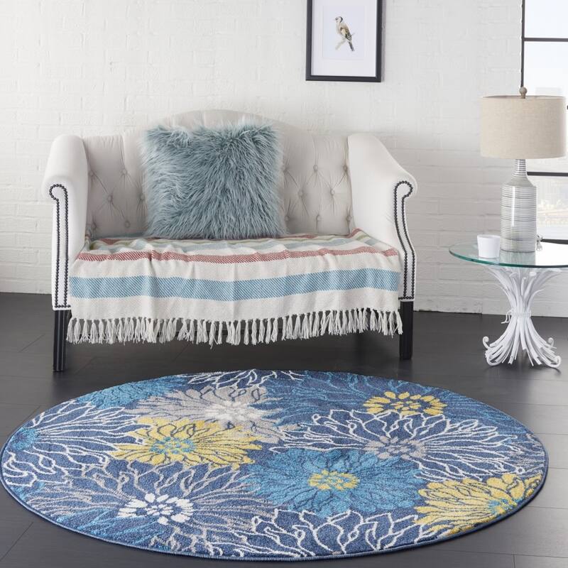Blue Tropical Flower Rug - Overstock - 34190406