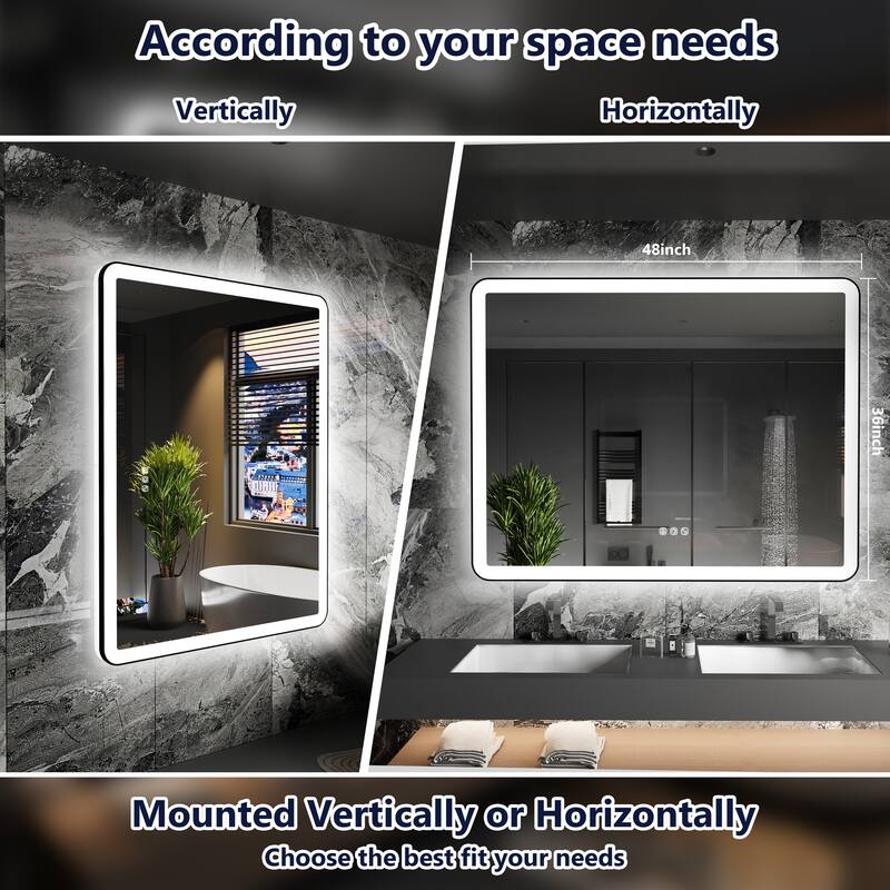 Rectangular Angle Rounded Framed Super Bright LED Wall Mounted Bathroom Vanity Mirror in Matte Black