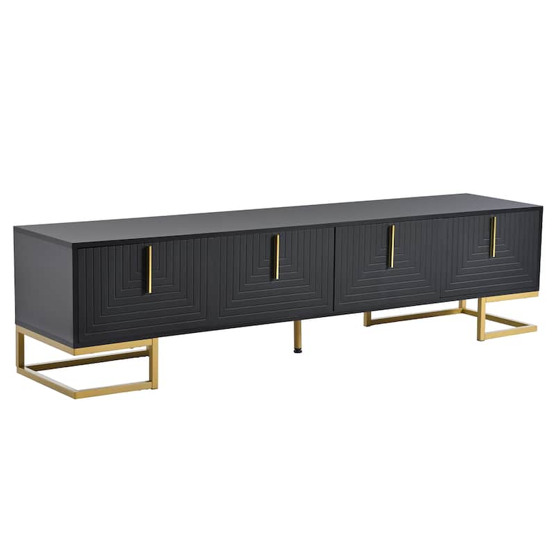 Black+Gold 70.8" TV Stand with Gold Handles, Cabinets and Adjustable Shelves for TVs Up to 80"