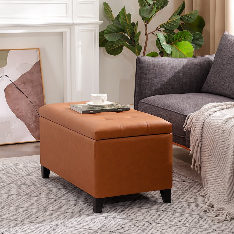 Adeco Rectangular Storage Ottoman Faux Leather Bench Lift-top Footrest