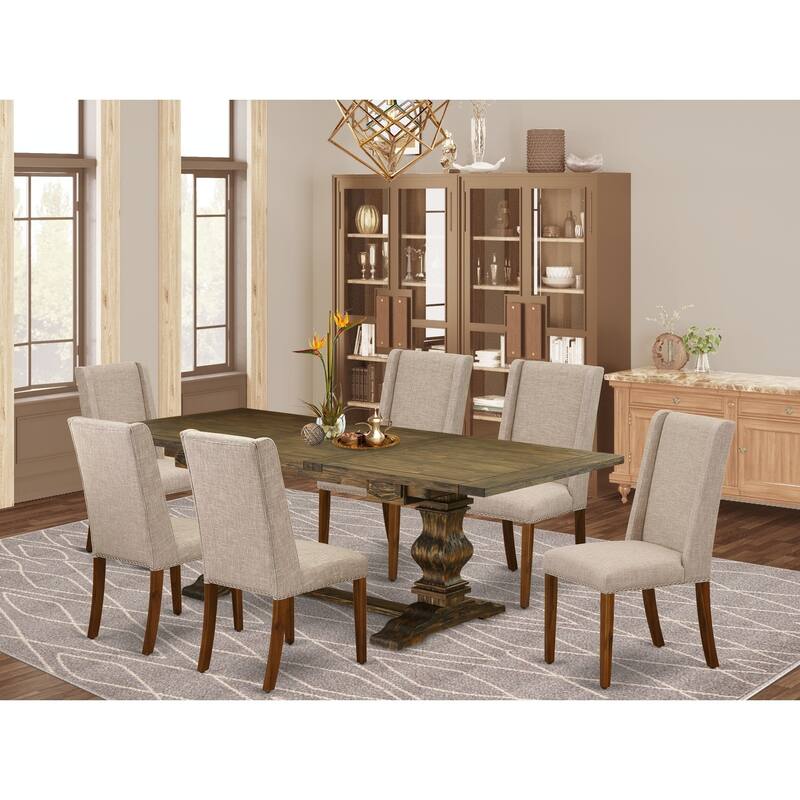 7-Piece Kitchen Dining Set - Linen Fabric Chairs & Pedestal Table - Antique Walnut & Distressed Jacobean Finish - 92