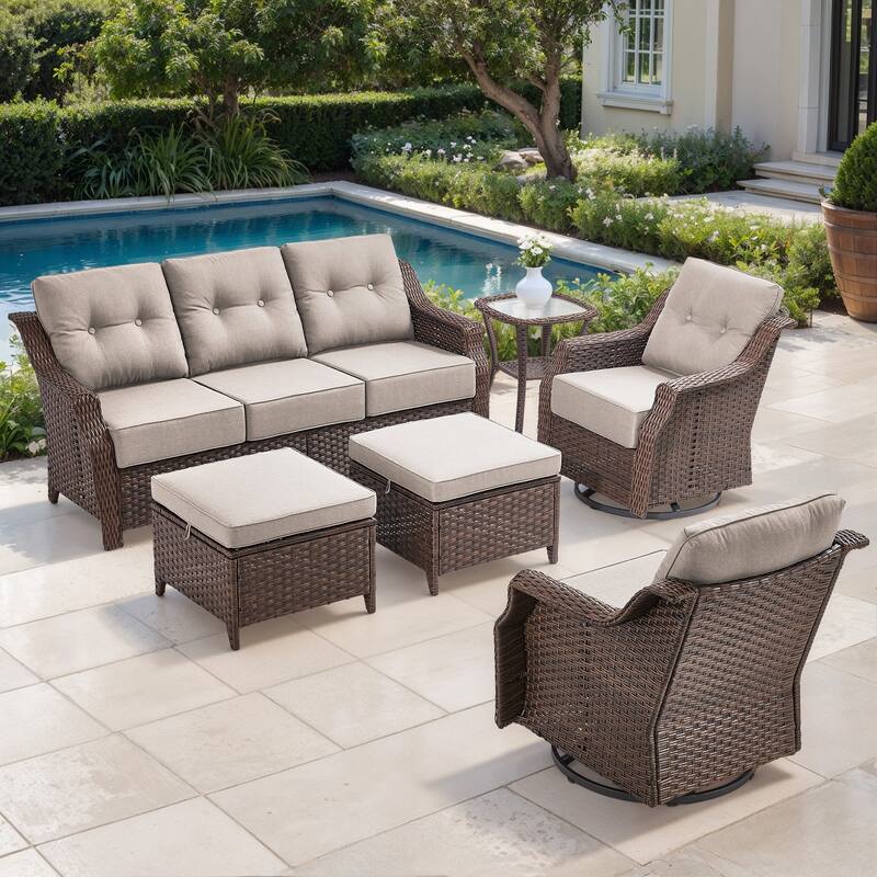 Gymojoy 6-Piece Wicker Patio Furniture Set, 6-Inch Ultra Thick Cushioned 360° Swivel Glider Chairs & Multifunctional Ottomans