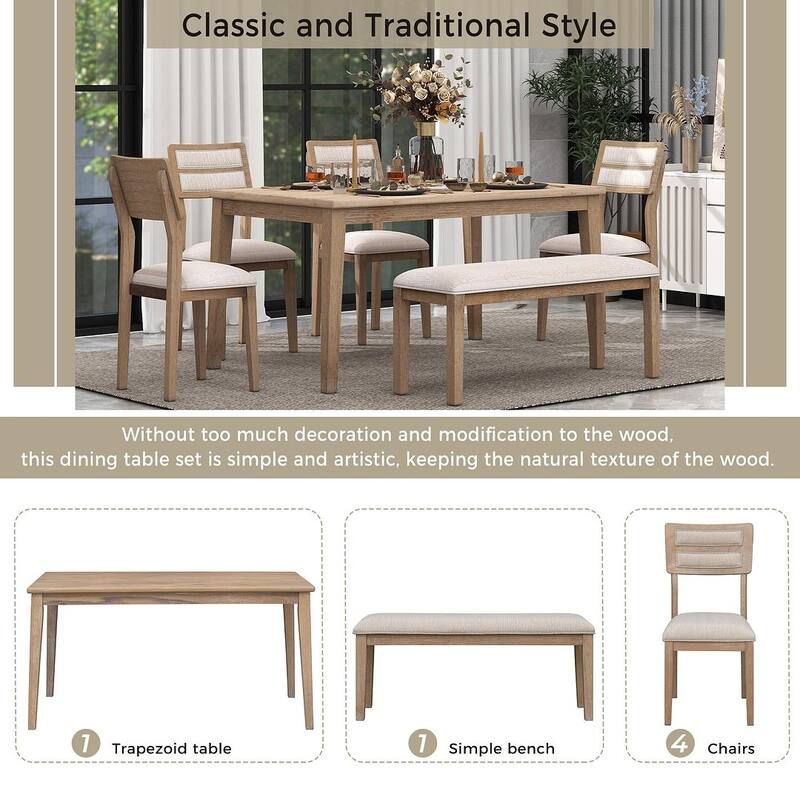 60'' rectangular dining table with 4 upholstered chairs and bench