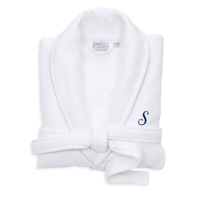 Authentic Hotel and Spa White Unisex Turkish Cotton Waffle Weave Terry Bath Robe with Navy Script Monogram - L/XL - S