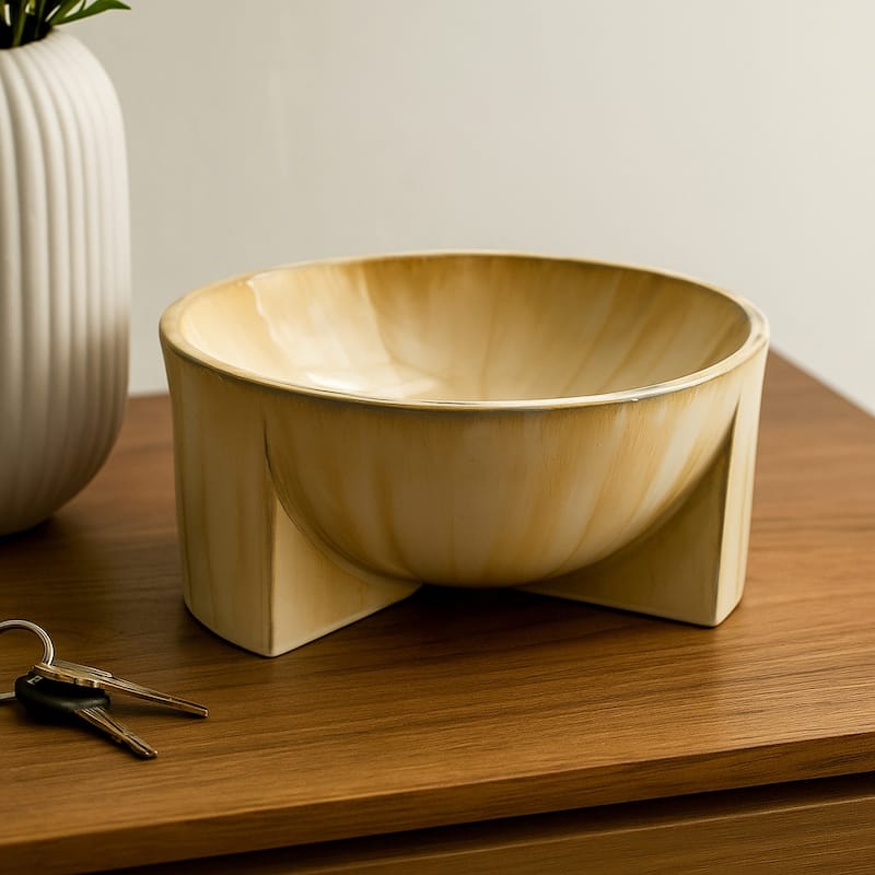 Modern Ceramic Decorative Bowl Sculptural Curved Base - 6", Tan - 13.0" - Tan/ Ivory - 13.0"