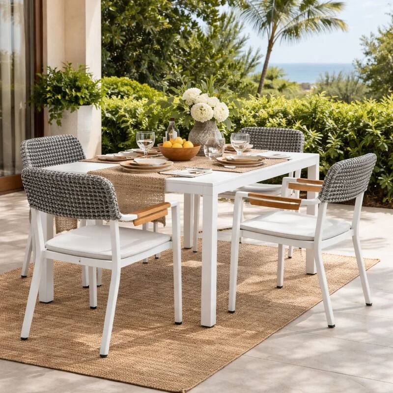 Shia 22 Inch 4 Side Chair and 2 Armchair Set, Crisp White Aluminum Frames