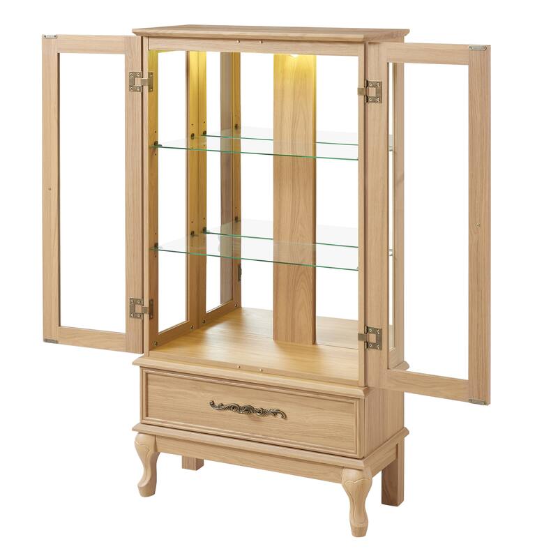 Elegant Glass Display Cabinet with Adjustable Shelves, 2 Doors, and 1 Drawer - Wine Storage Sideboard with Included Bulb