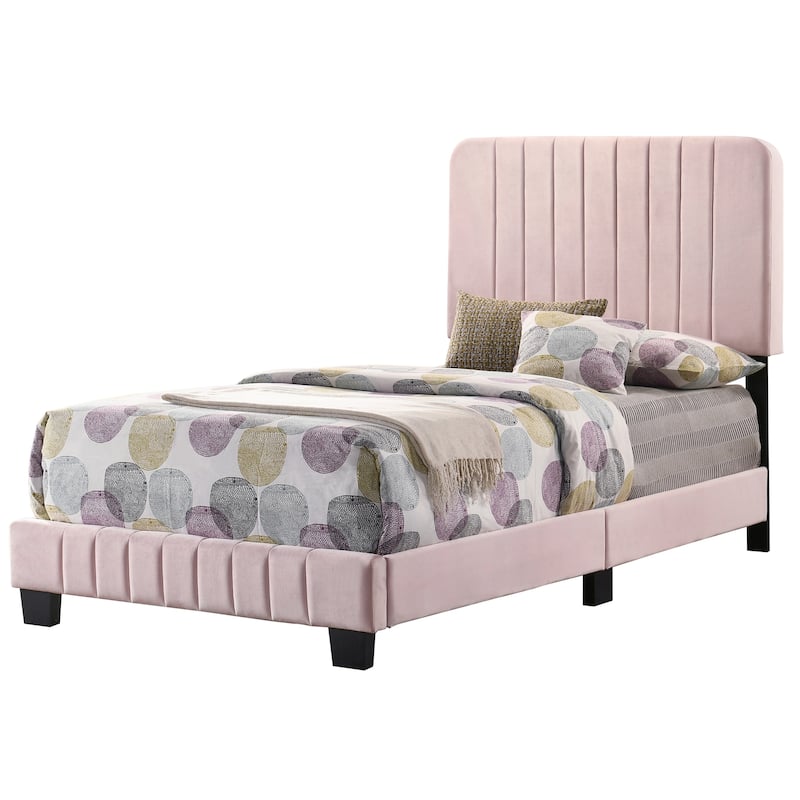 Contemporary Pink Twin Bed with Tufted Velvet and Wood Legs