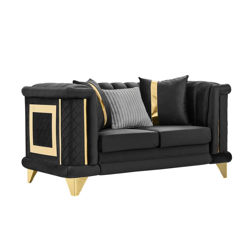 69 Inches Black Velvet Loveseat with Gold Stainless Steel Trims and Embroidered Texture