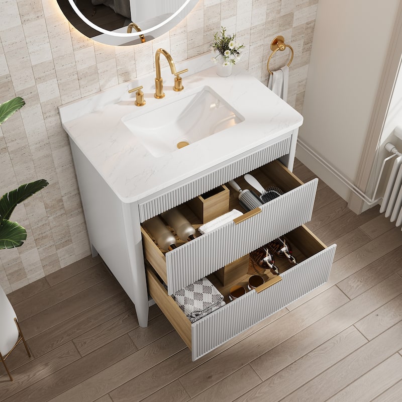 Modland 36" Freestanding Bathroom Vanity with Carrara Marble Top, Soft-Close Drawers, Fully Assembled, Green/Grey - 36 inch