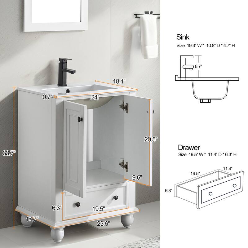 Retro Bathroom Vanity Cabinet Solid Wood Classic with Ceramic Sink