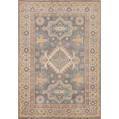 Gray Geometric Kazak Area Rug Handmade Wool Carpet - 4'0"x 5'11"