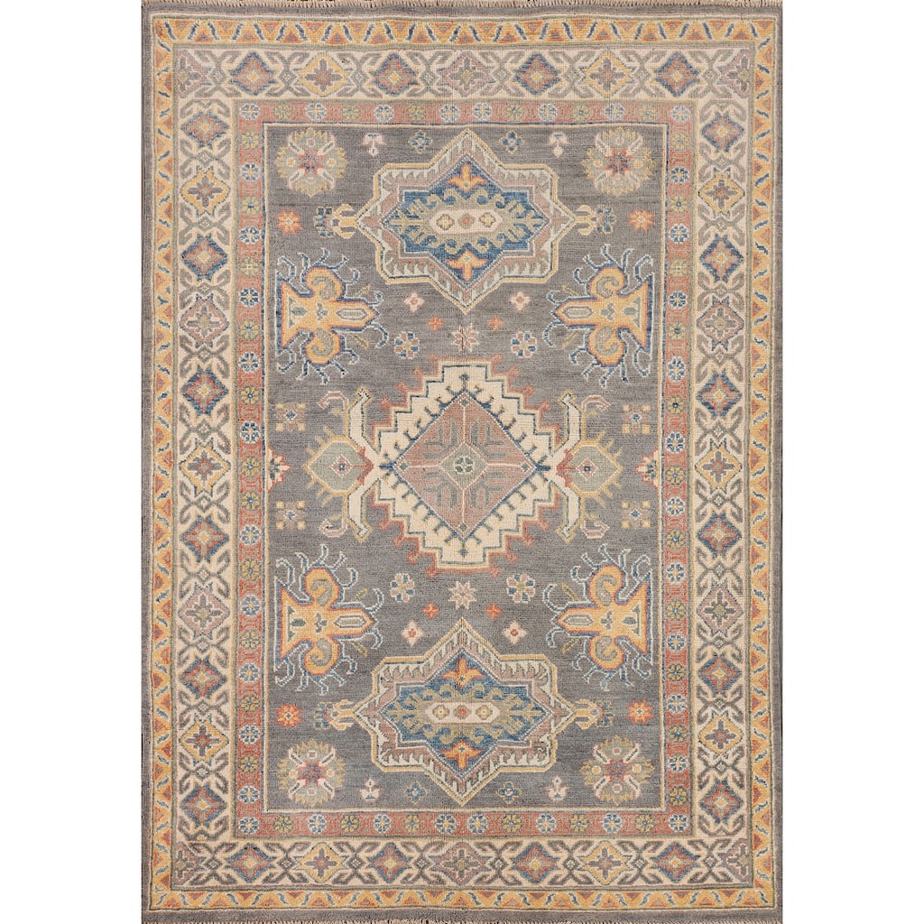 Gray Geometric Kazak Area Rug Handmade Wool Carpet - 4'0"x 5'11"