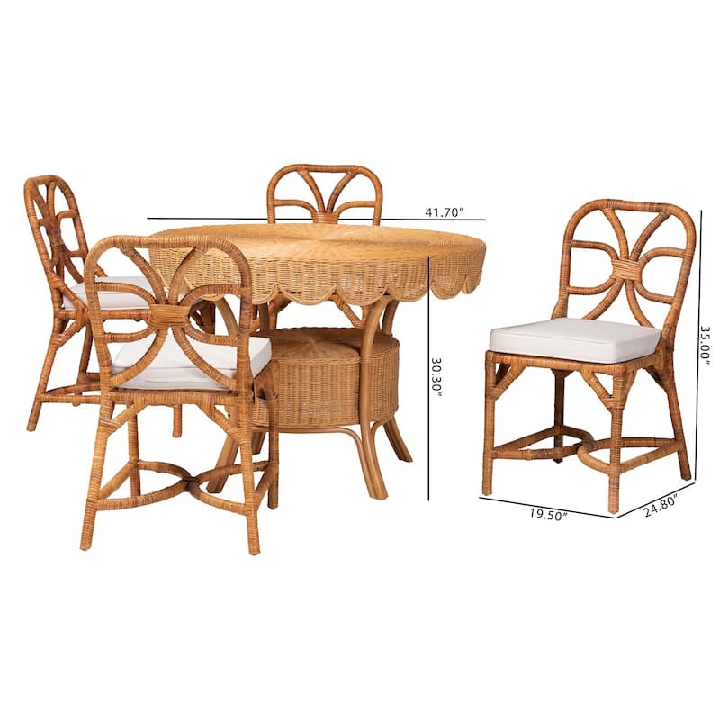 Trenton 5-Piece Rattan Dining Set - Round Wicker Table with Scallop Edge and 4 Side Chairs, Handwoven Boho Coastal Style