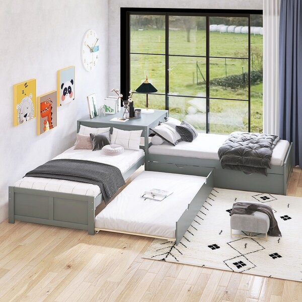 Twin Size L-Shaped Platform Bed with 2 Trundles&Built-in Square