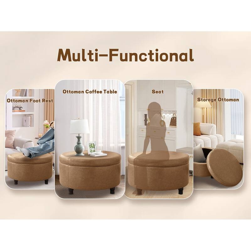 Faux Leather Round Storage Ottoman
