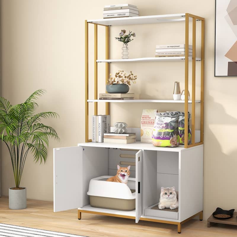 Cat Litter Box Cabinet with Storage Space & 3-Tier Shelves, Modern Design - 33.5" x 18" x 61" - White
