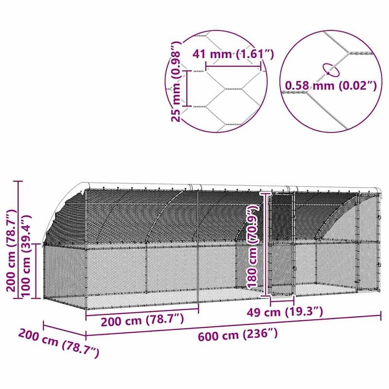 vidaXL Chicken Cage Silver 600/800 x 200 x 198.5 cm Galvanized steel