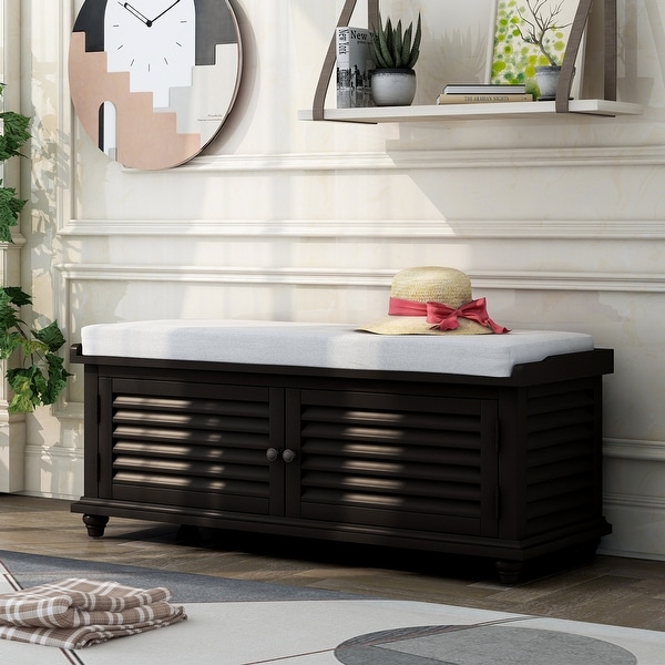 Louver Entryway Wooden Storage & Shoe Bench with Cushion, Pure Black. Opens flyout.