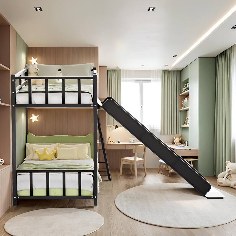 Bunk Bed with Ladder and Slide, metal Bed Frame with Safety Guard Rails, Black