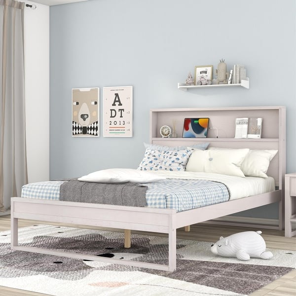 slide 2 of 12, Modern Simple Full Size Platform Bed w/ Storage Headboard, Sockets & USB Ports Storage Bed for Kids Teens Adults, Antique White Antique White
