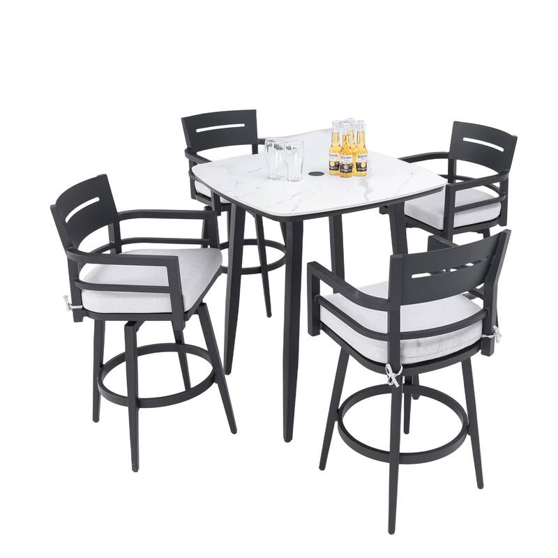 5-Piece Outdoor Patio Aluminum Bar Set with Marble-pattern Tabletop, 4 Swivel Bar Chairs, and Umbrella Hole