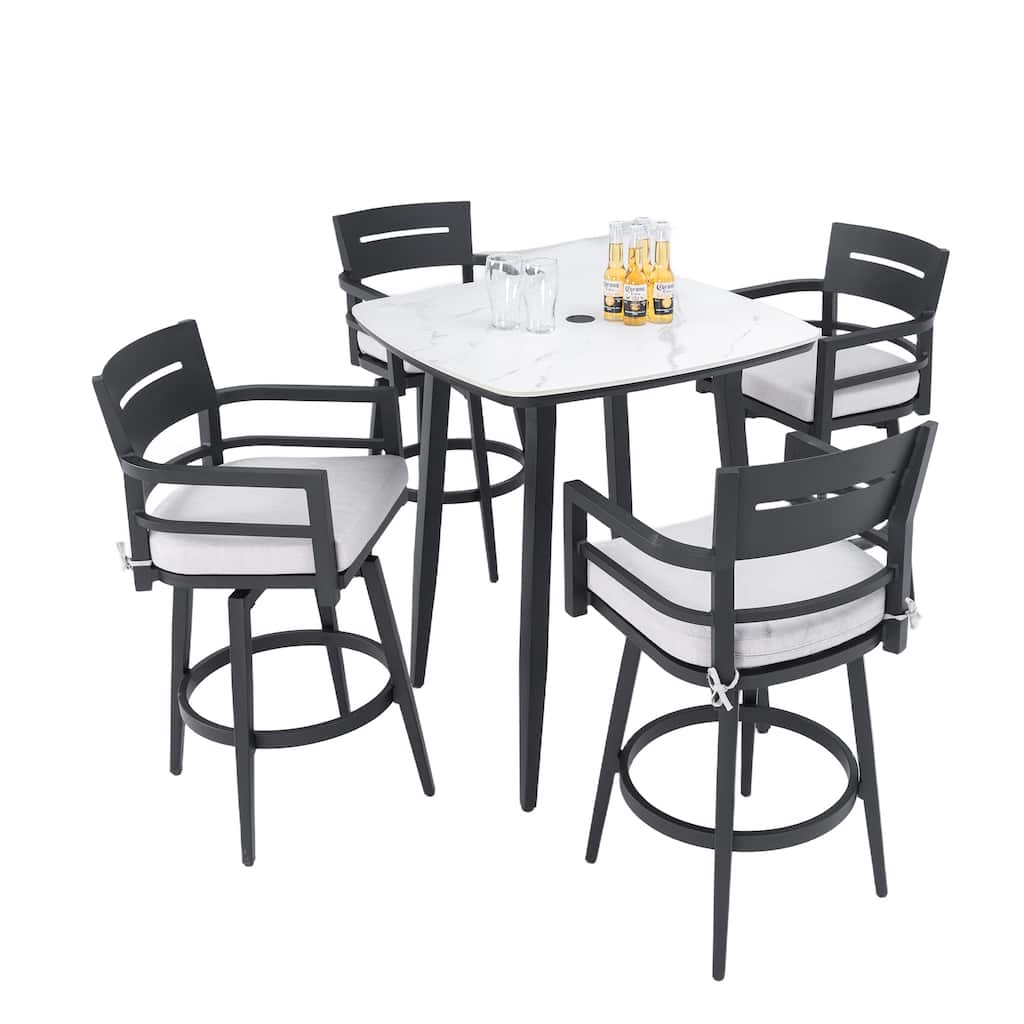 5-Piece Patio Bar Set - Sintered Stone Table and 4 Swivel Bar Chairs, Marble-Inspired Top, Ember Black