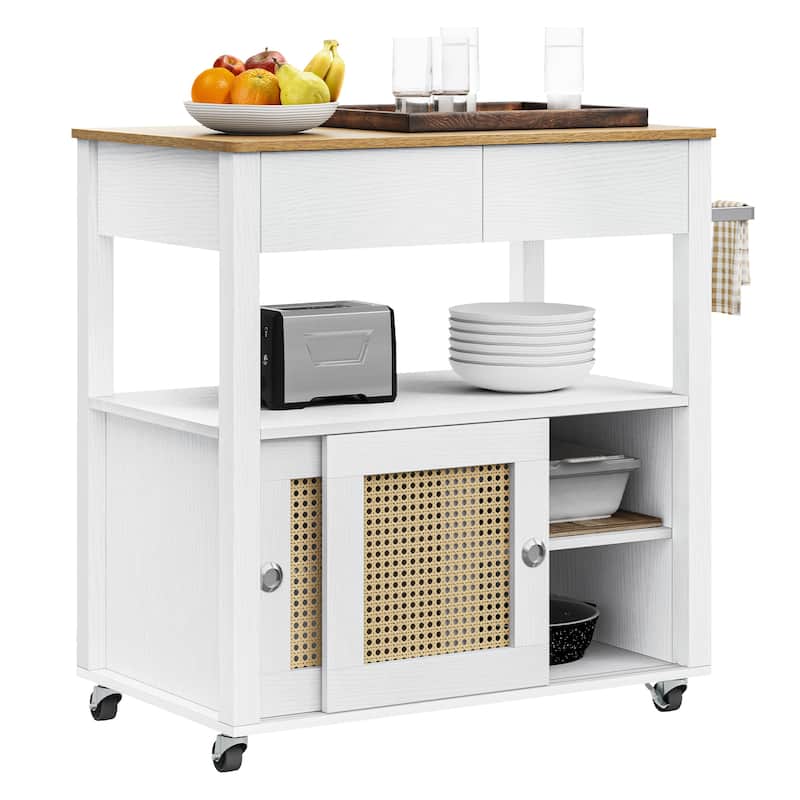 Moasis Rattan Rolling Kitchen Island with Storage Cabinet - 32.2"L x19.5"W x 35"H - White