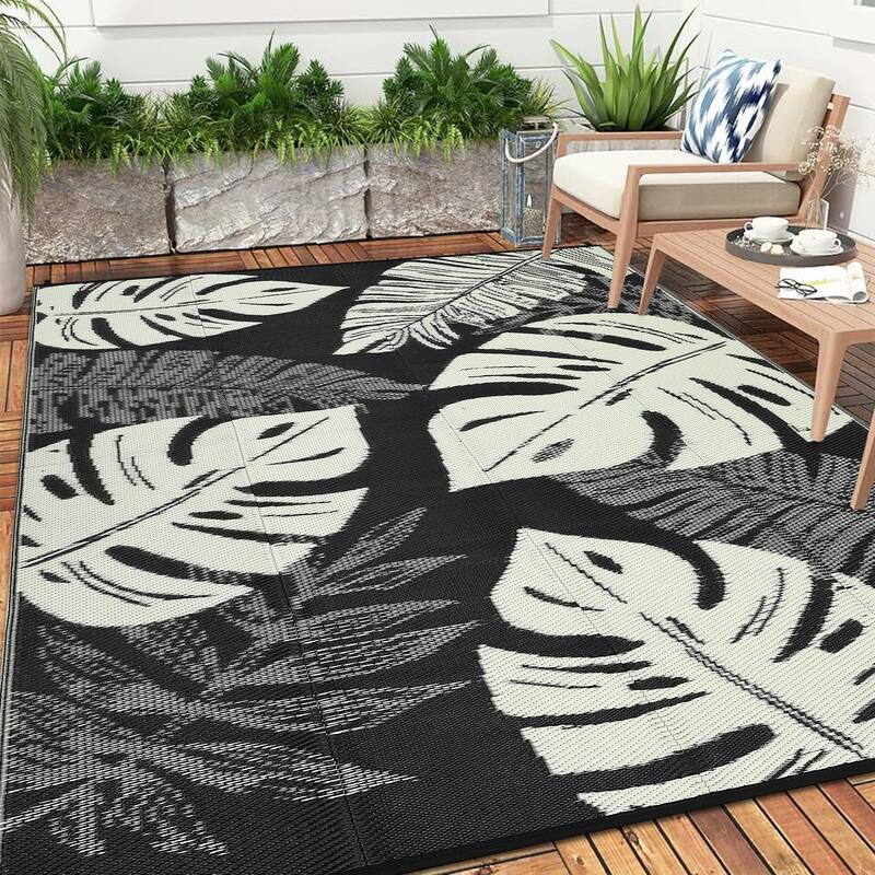 Outdoor Rug Waterproof Reversible Rug Modern Leaves Plastic Straw Area Rug - 8'x10' - Black Beige