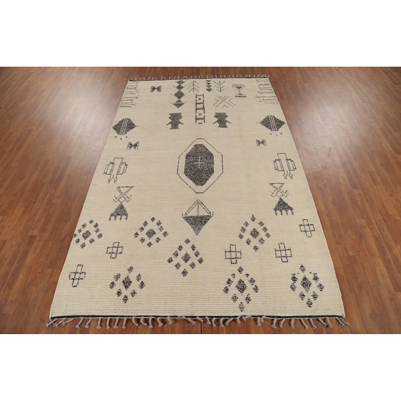 Ivory Geometric Moroccan Area Rug Handmade Wool Carpet - 6'10"x 10'10"