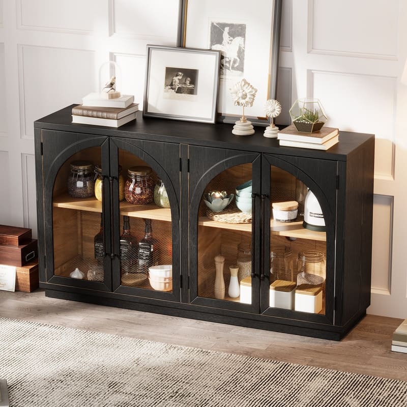 Retro Style Wood Buffet Sideboard with 4 Arched Glass Doors, Kitchen Storage Side Cabinet with Adjustable Shelves