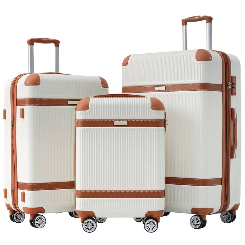 3 Piece Hardside Lightweight Luggage Sets with Double Spinner 8 Wheels and TSA Lock - White