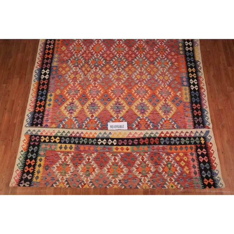 Orange Geometric Kilim Oriental Area Rug Flatweave Wool Carpet - 8'3" x 11'8"