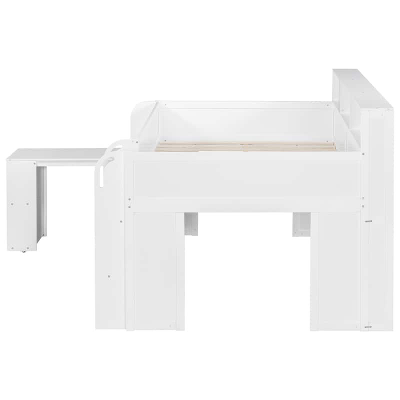 Full Size Wood Kids Loft Bed Frame with Pull-out Desk, Multiple Storage Bookshelf Built-in LED