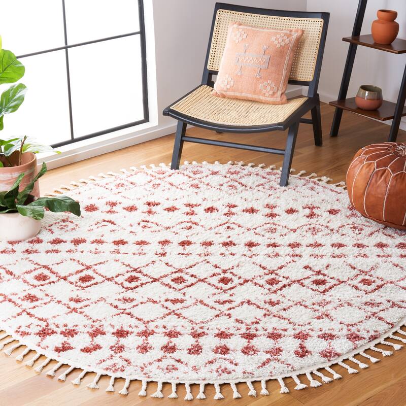 SAFAVIEH Berber Fringe Dashurije Leatha Trellis Rug - 6'7" Round - Ivory/Rust