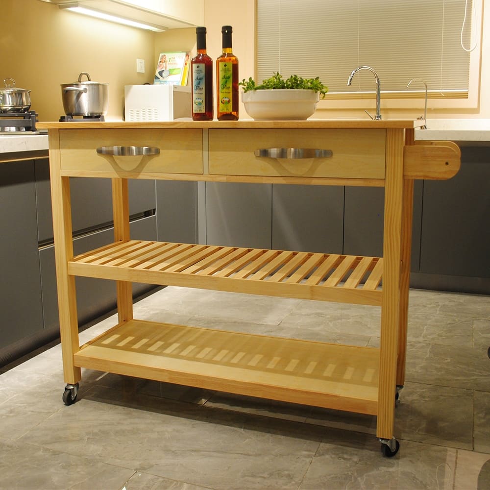 Wood Countertops Kitchen Cart with 1.5鈥?Rubber 2 Lockable Wheels & Towel Rack, Kitchen Island with 2-Tier Open Shelf & Drawers