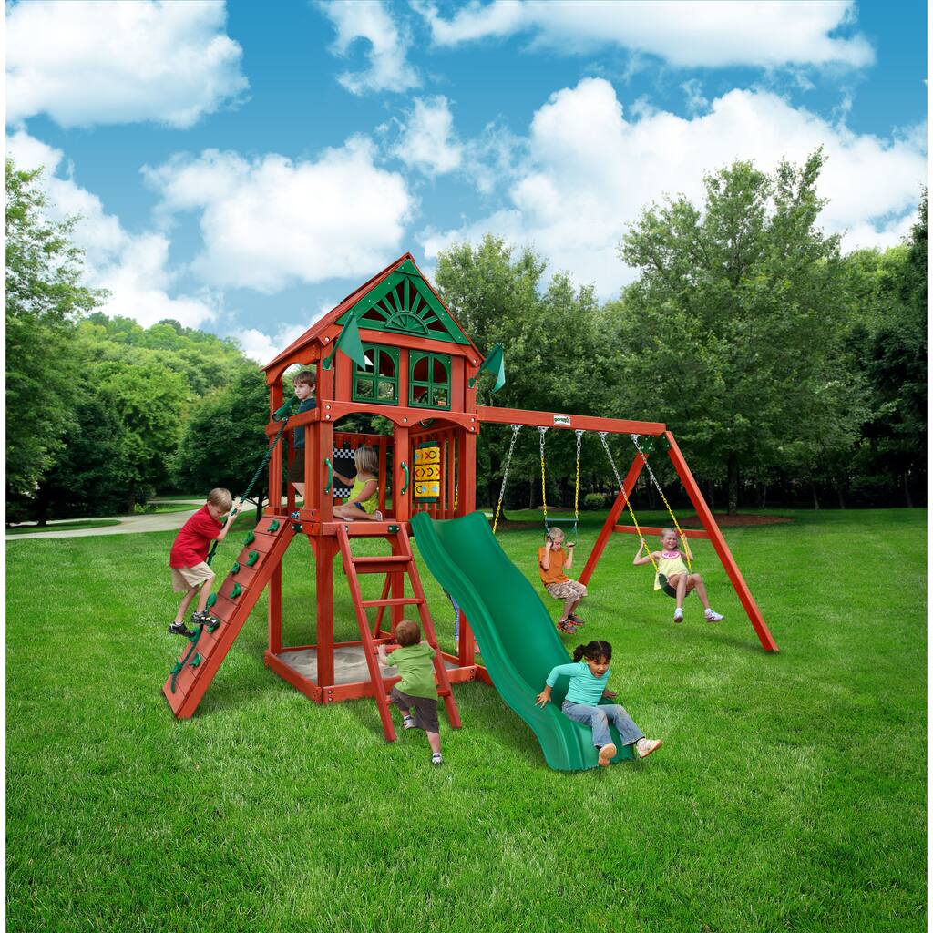 Gorilla Playsets Five Star II Wood Swing Set with Rock Wall - Redwood