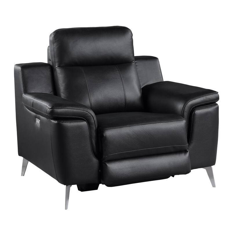 Dave 39 Inch Power Recliner Chair, Black Faux and Real Leather, Solid Wood