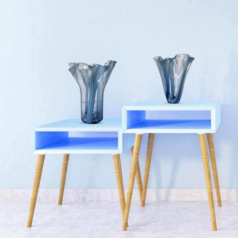 Set of Two Blue Striped Handblown Glass Vases with Scalloped Edges