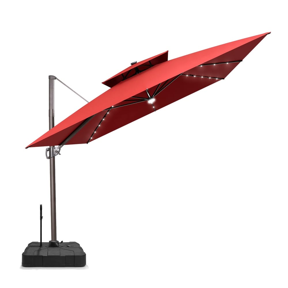 Pellebant 11 FT Square Outdoor Patio Double Top Cantilever Umbrella Solar LED Lighted with Rod Base