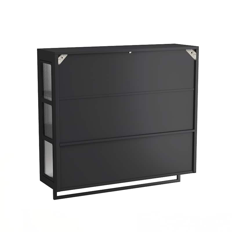 Bathroom Wall Cabinet, 3-Door Wooden Wall Cabinet with Open and Hidden Storage Space, Medicine Cabinet with Glass Door