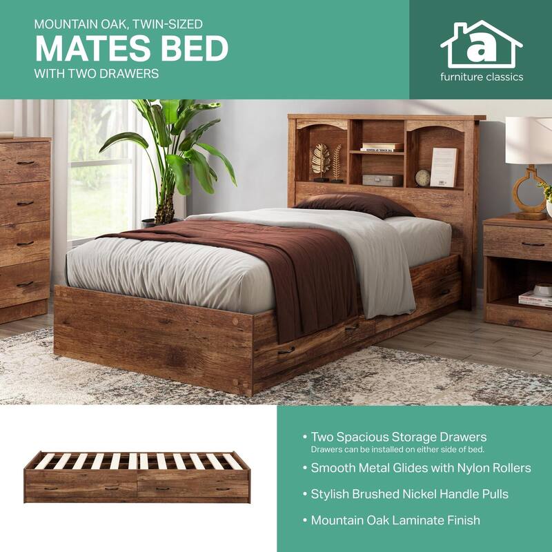 Twin Bed with Drawers - Mountain Oak Finish, Slat Kit Included, Reversible Design, Easy Assembly